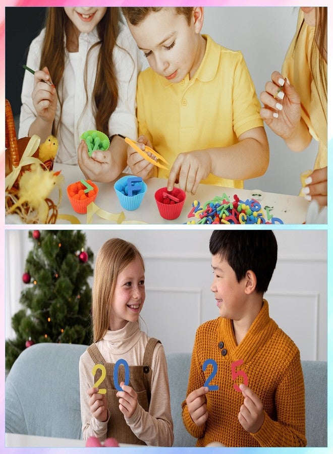 Easywiny 286Pcs Letters and Numbers Sensory Bin Filler Fine Motor Toys Counting Sorting 200 Felt Pompoms 76 Magnetic Letters Numbers 4 Tweezers 5 Silicone Plates 1 Storage Box for Counting Sorting DIY Crafts - Image 2